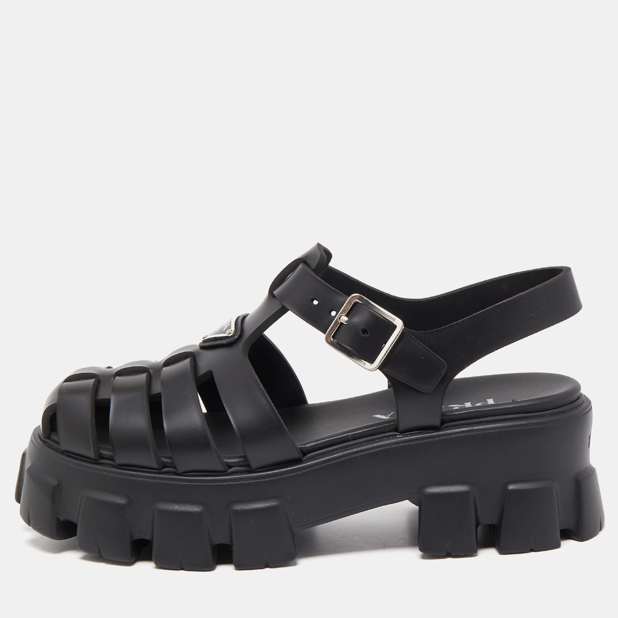 Pre Owned Prada Black Rubber Caged Slingback Platform Sandals Size 39
