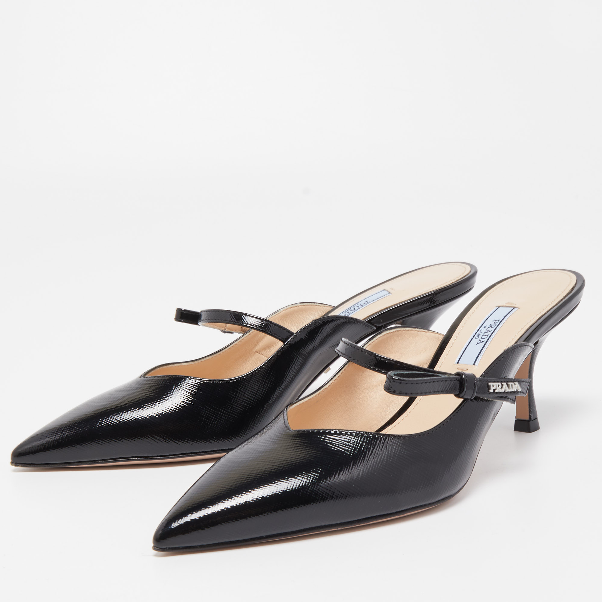 

Prada Black Saffiano Vernice Leather Bow Pointed Toe Mules Size