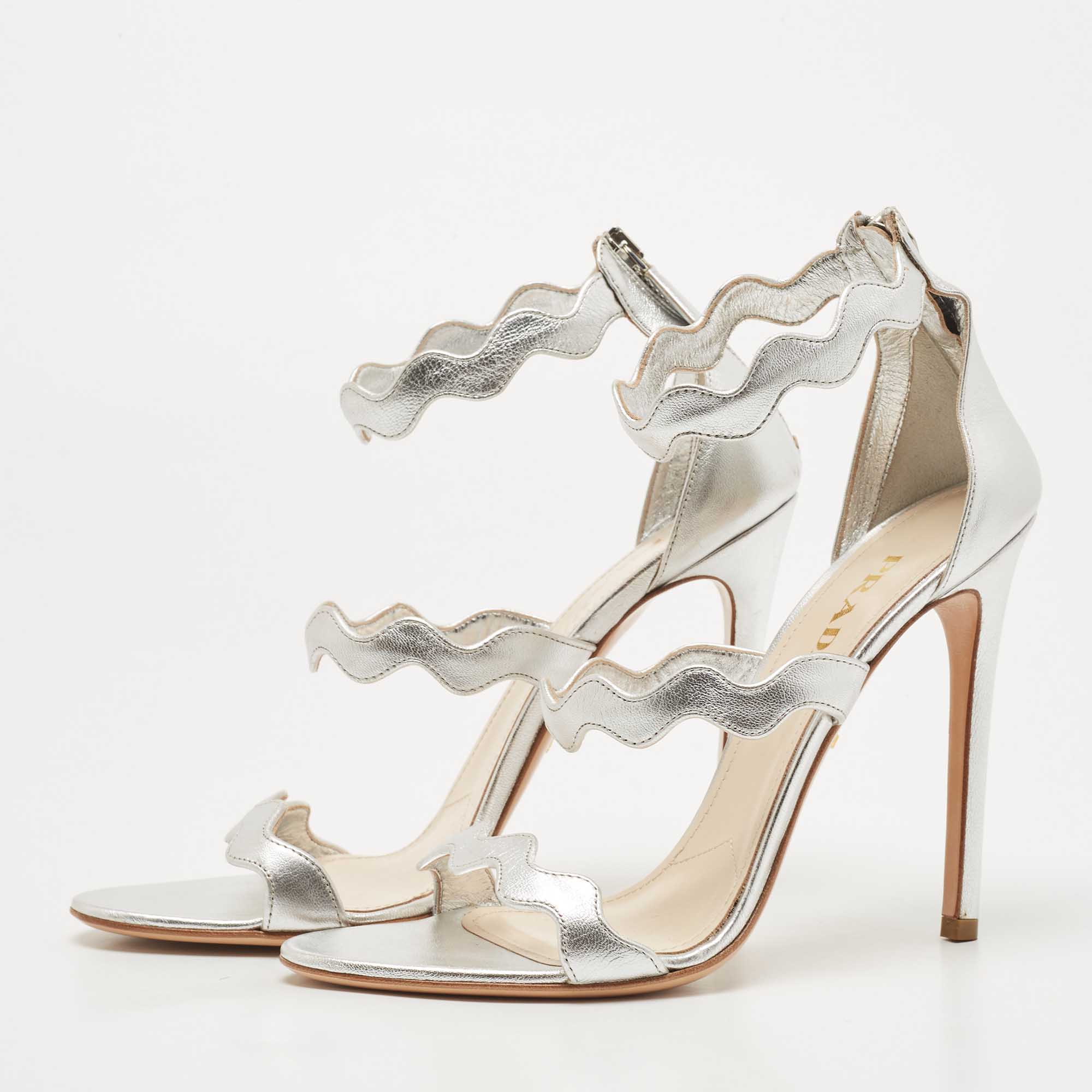 

Prada Silver Leather Ankle Strap Sandals Size