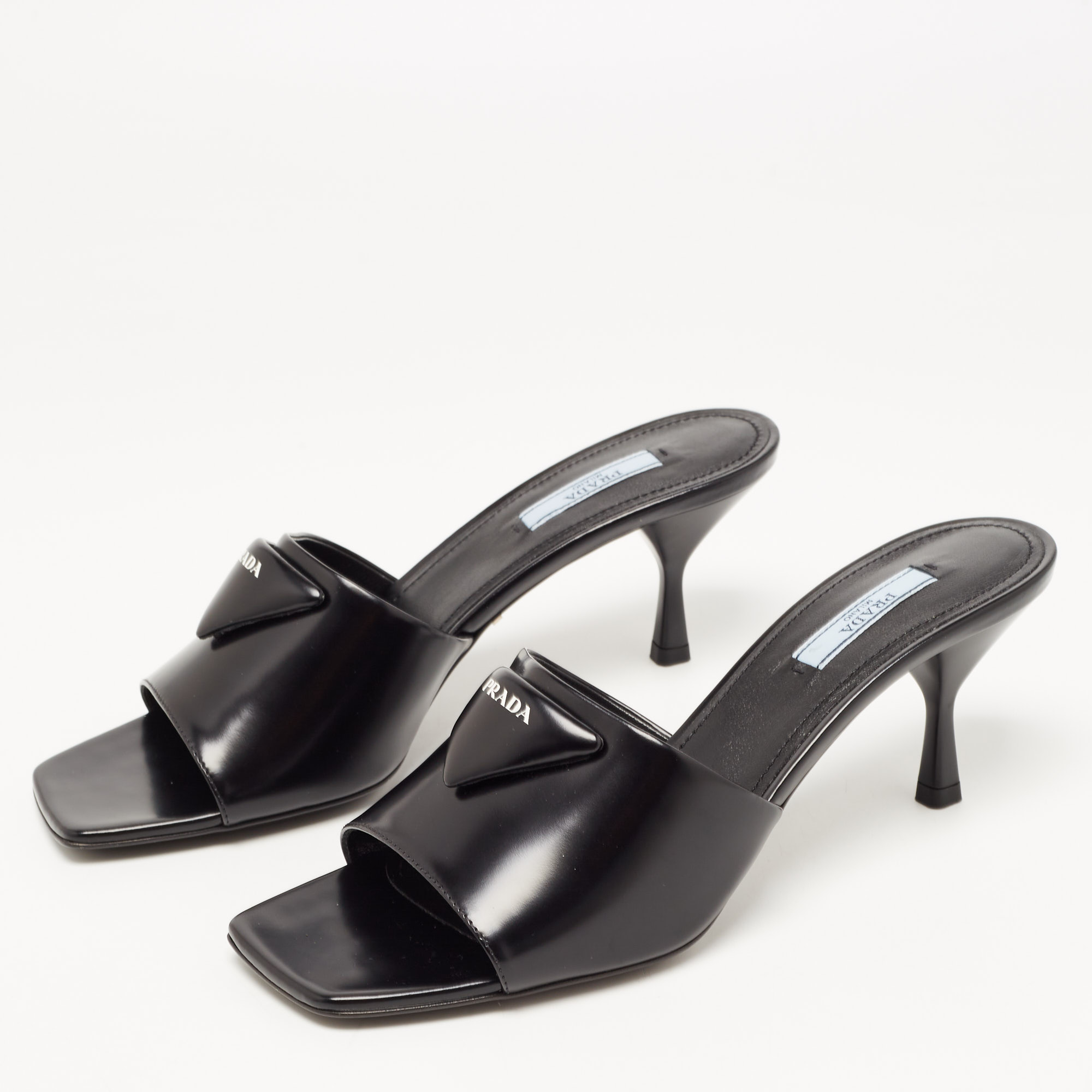 

Prada Black Leather Brushed Heeled Slides Size