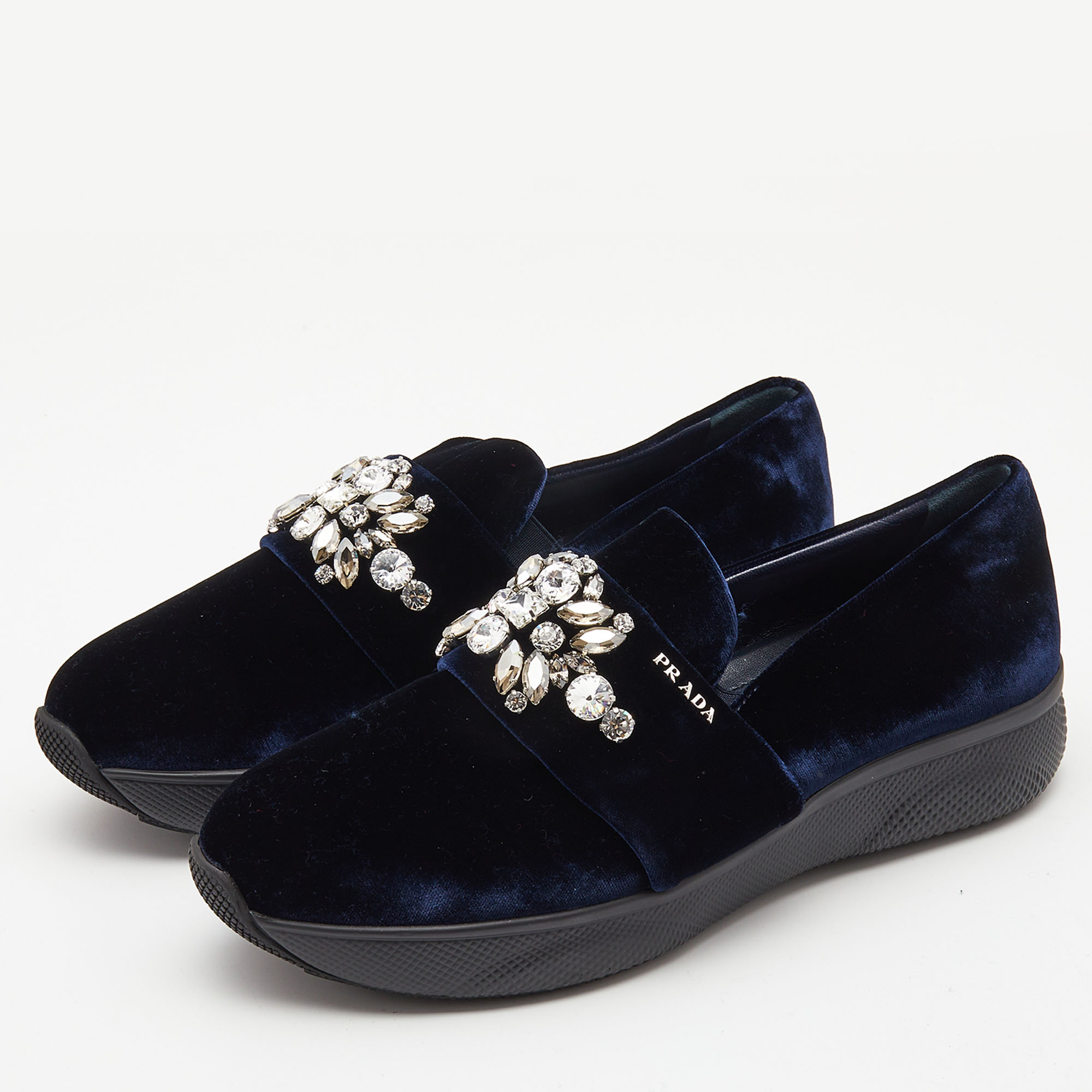 

Prada Navy Blue Velvet Crystal Embellished Slip On Sneakers Size