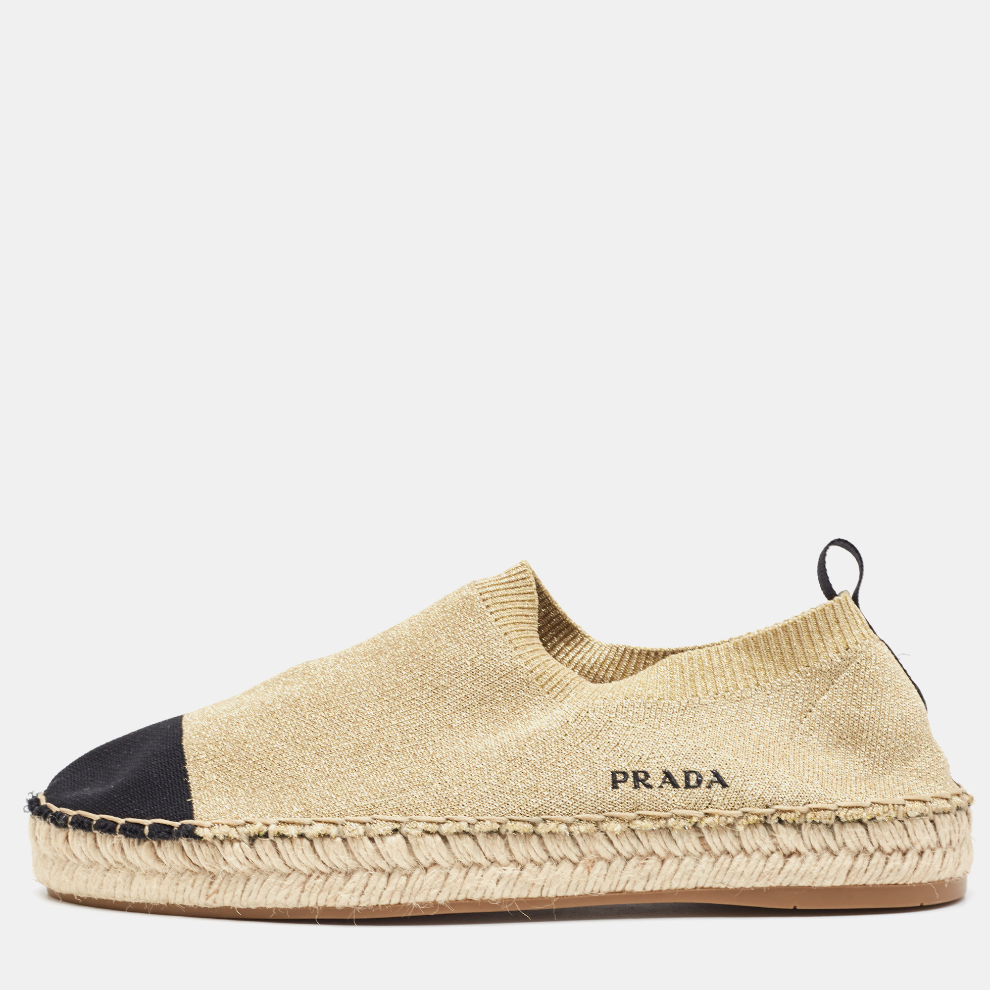 Pre Owned Prada  Gold/Black Lurex Fabric Espadrille Flats Size 39.5