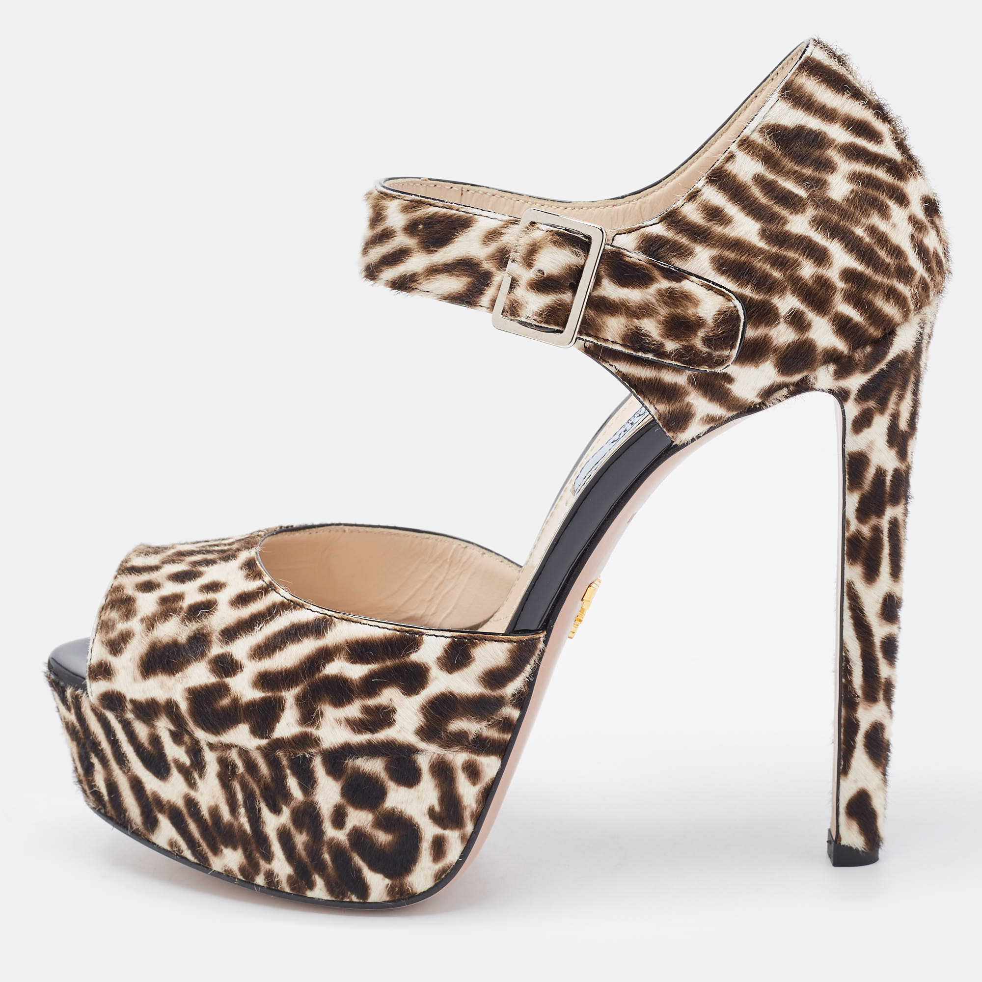 Prada Brown/White Animal Print Calf Hair Platform Ankle Strap Sandals Size 36