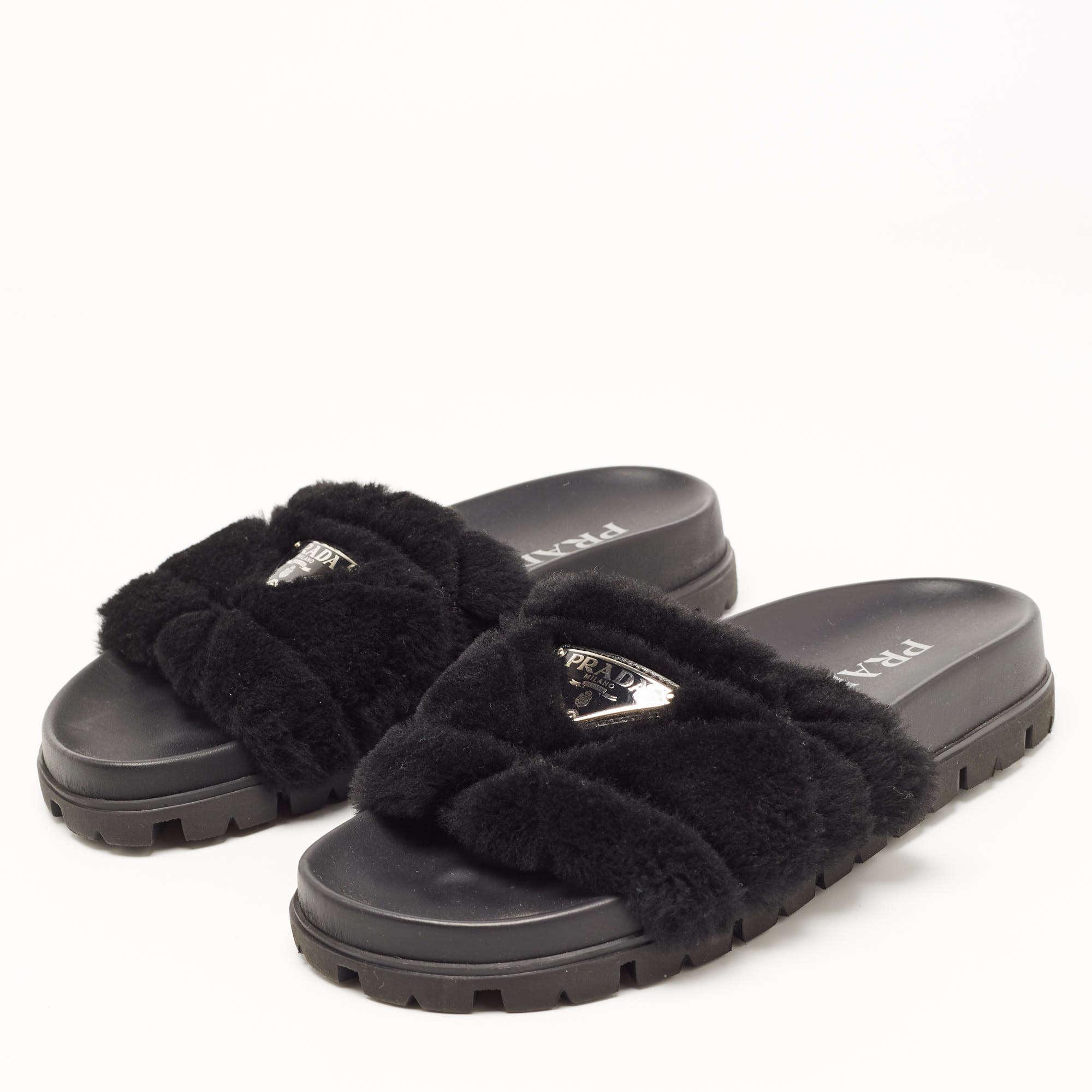 

Prada Black Fur Open Toe Flat Slides Size