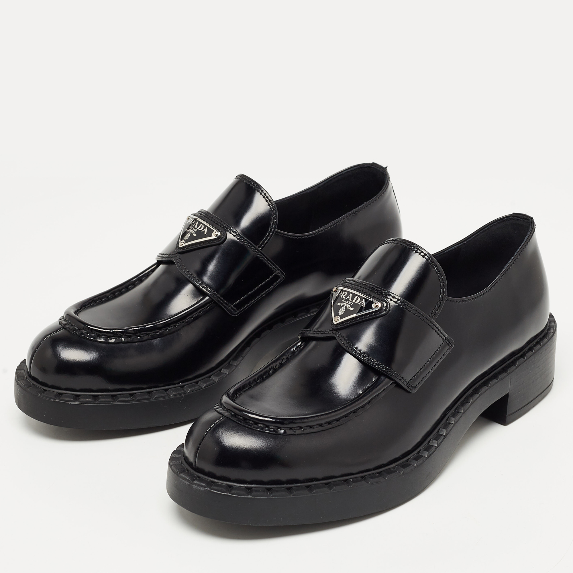 

Prada Black Glossy Leather Platform Loafers Size