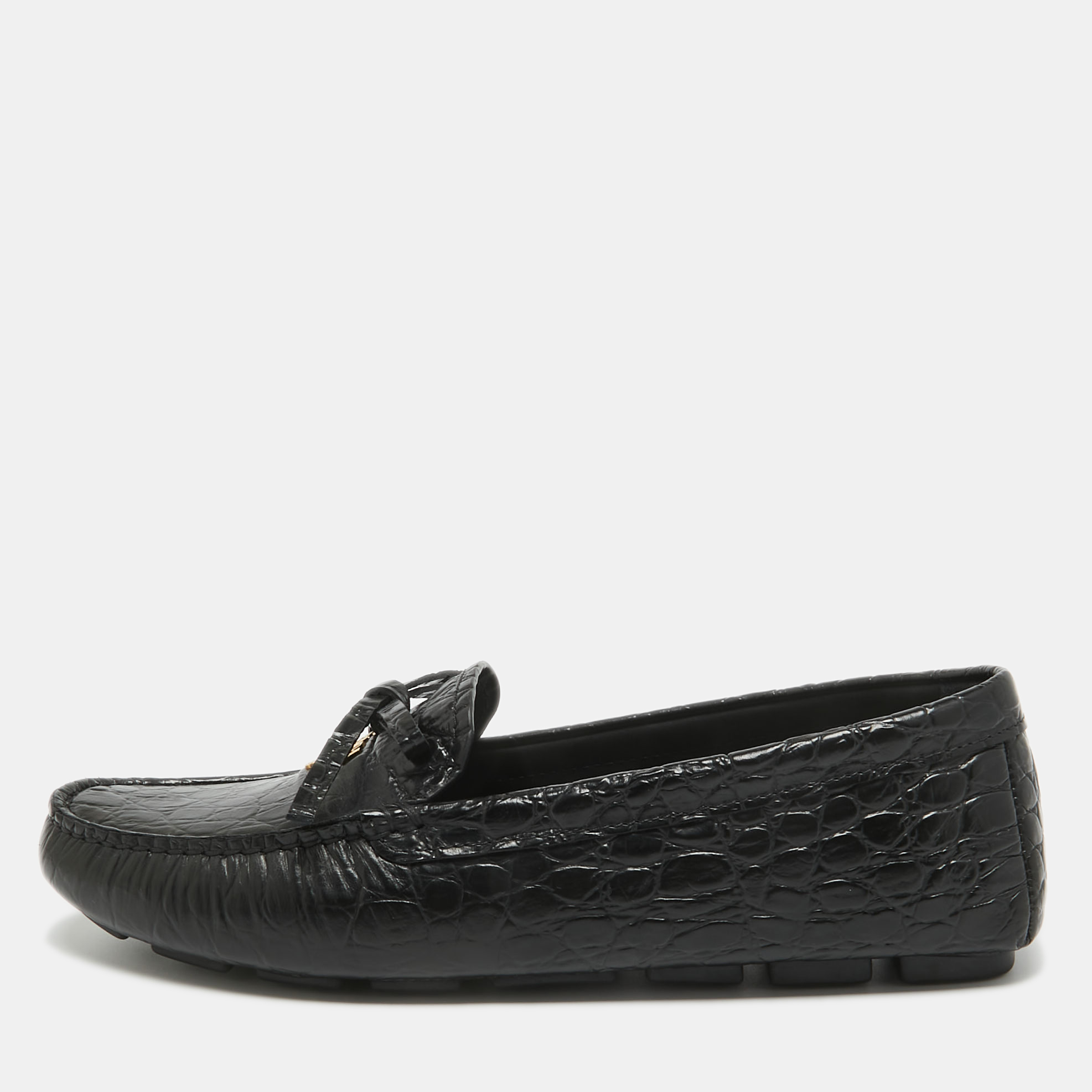 Pre-owned Prada Black Alligator Slip On Loafers Size 38