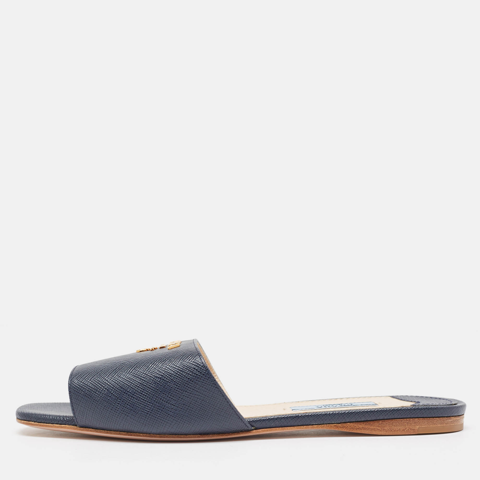 

Prada Navy Blue Saffiano Leather Flat Slides Size