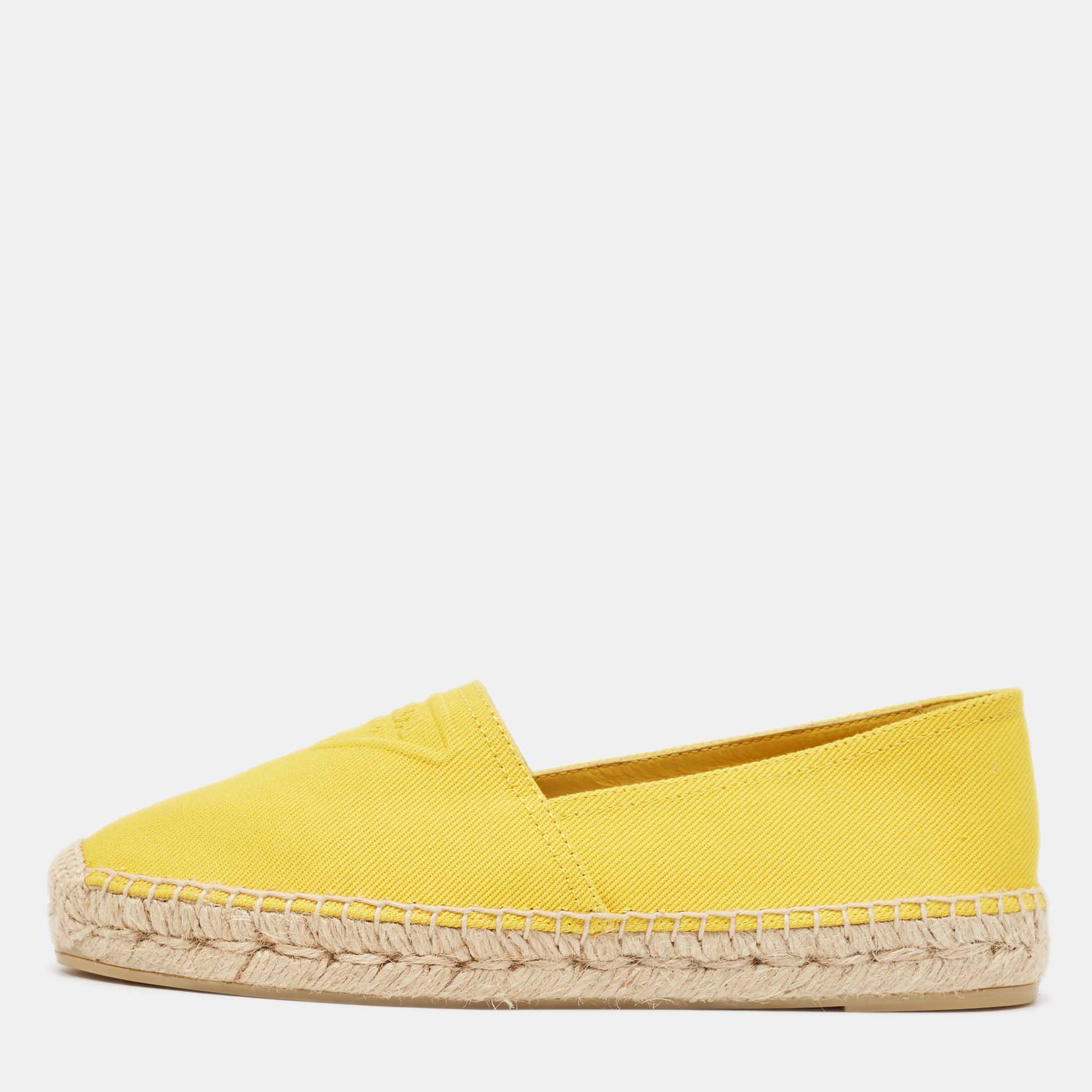 Pre-owned Prada Yellow Canvas Espadrille Flats Size 40