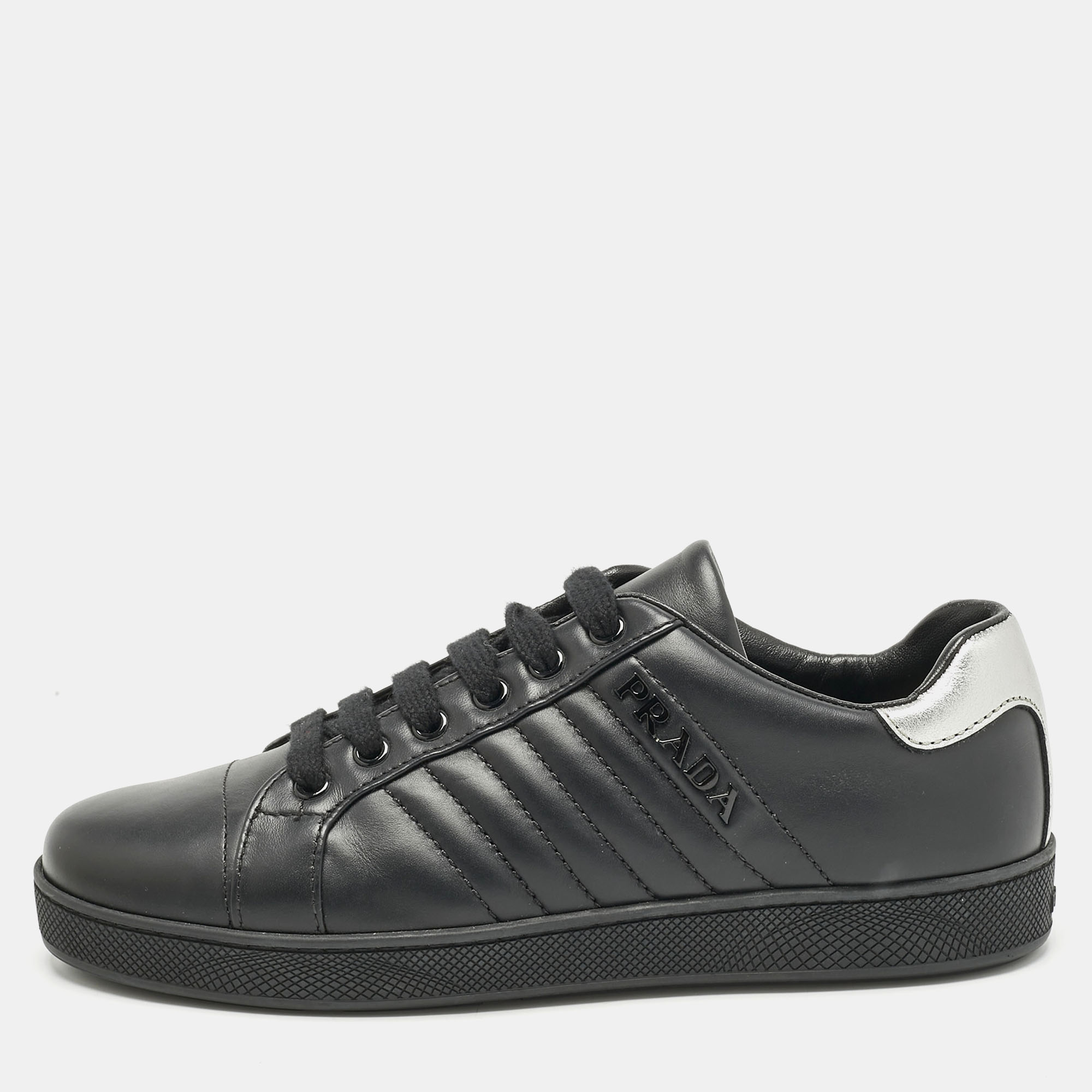 Pre-owned Prada Black Leather Lace Up Sneakers Size 37.5