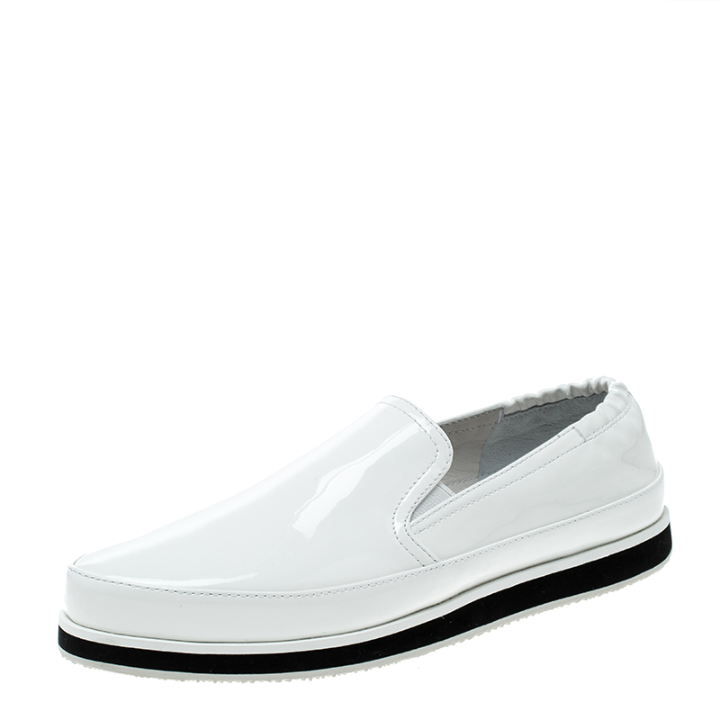 Pre Owned Prada Sport White Patent Leather Scrunch Slip On Loafer Sneakers Size 38