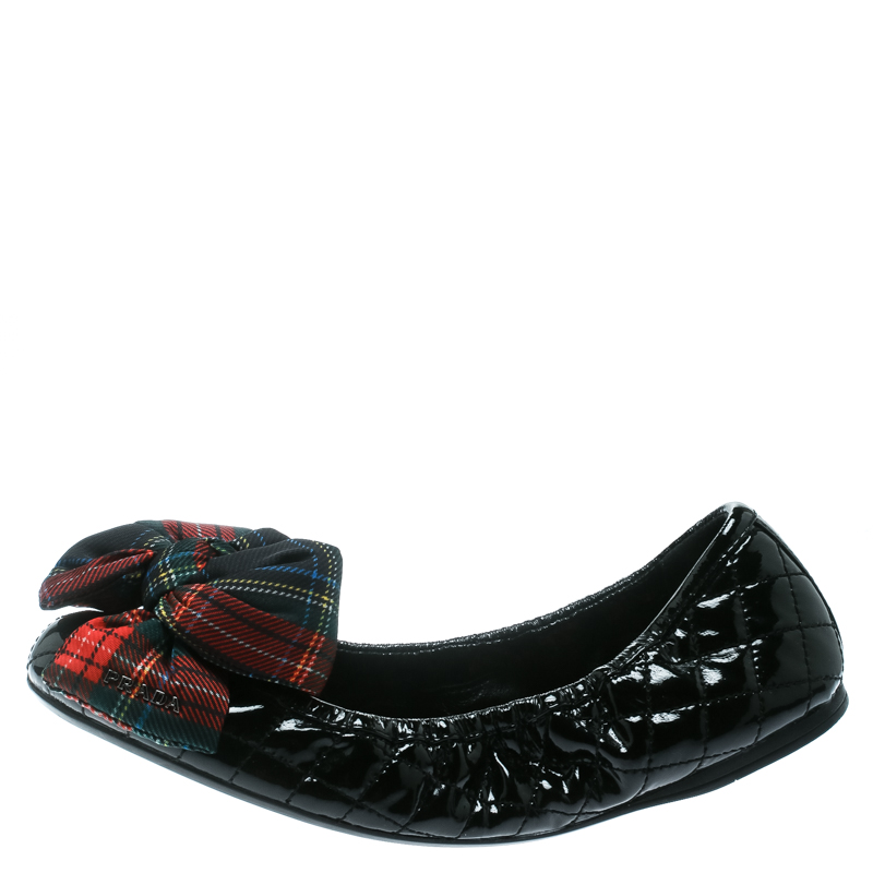

Prada Sport Black Quilted Patent Leather Tweed Check Print Bow Scrunch Ballet Flats Size