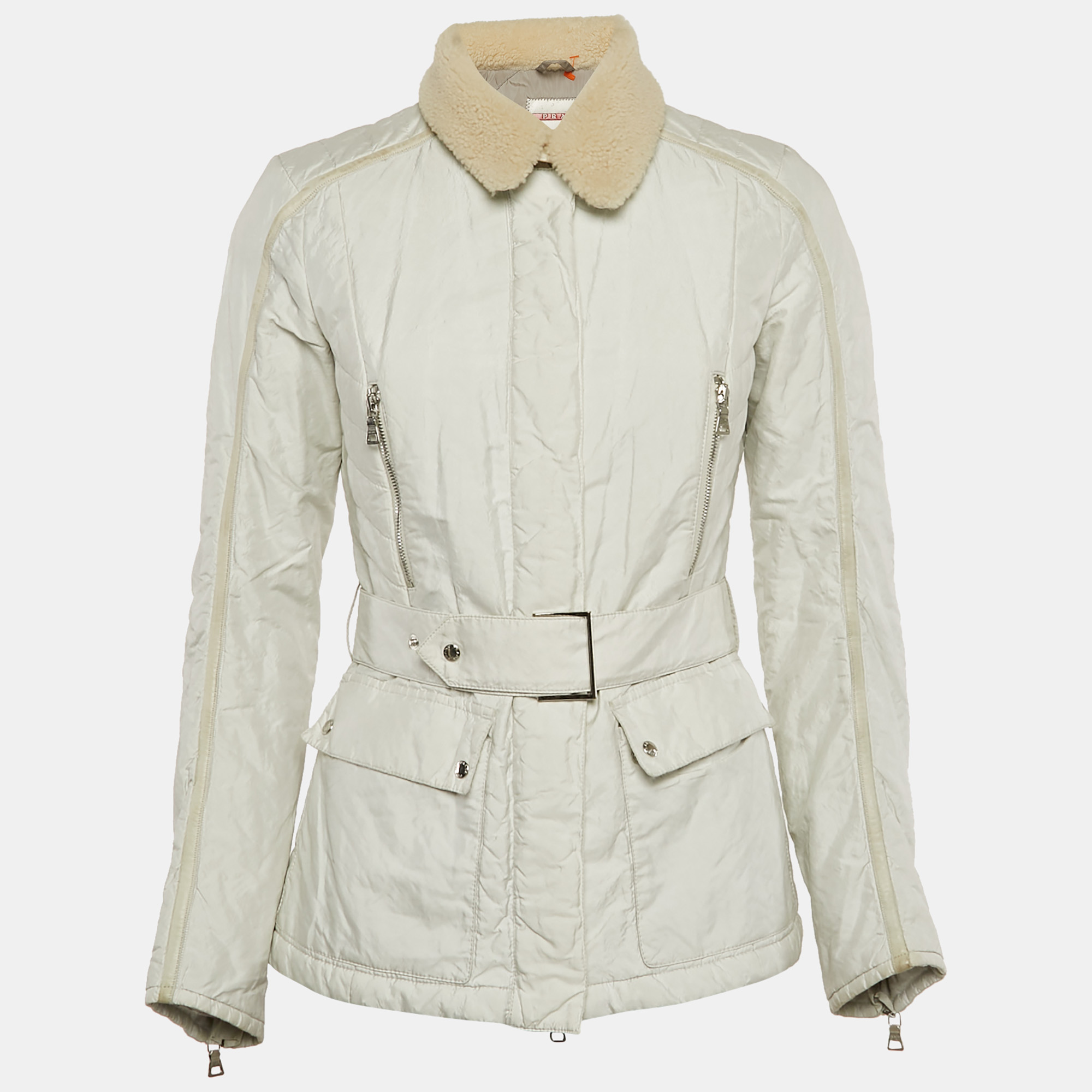 

Prada White Nylon Blend Belt Detail Quilted Jacket S