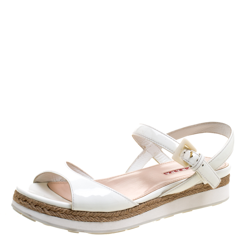 Pre Owned Prada Sport White Patent Leather Espadrille Flat Sandals Size 38