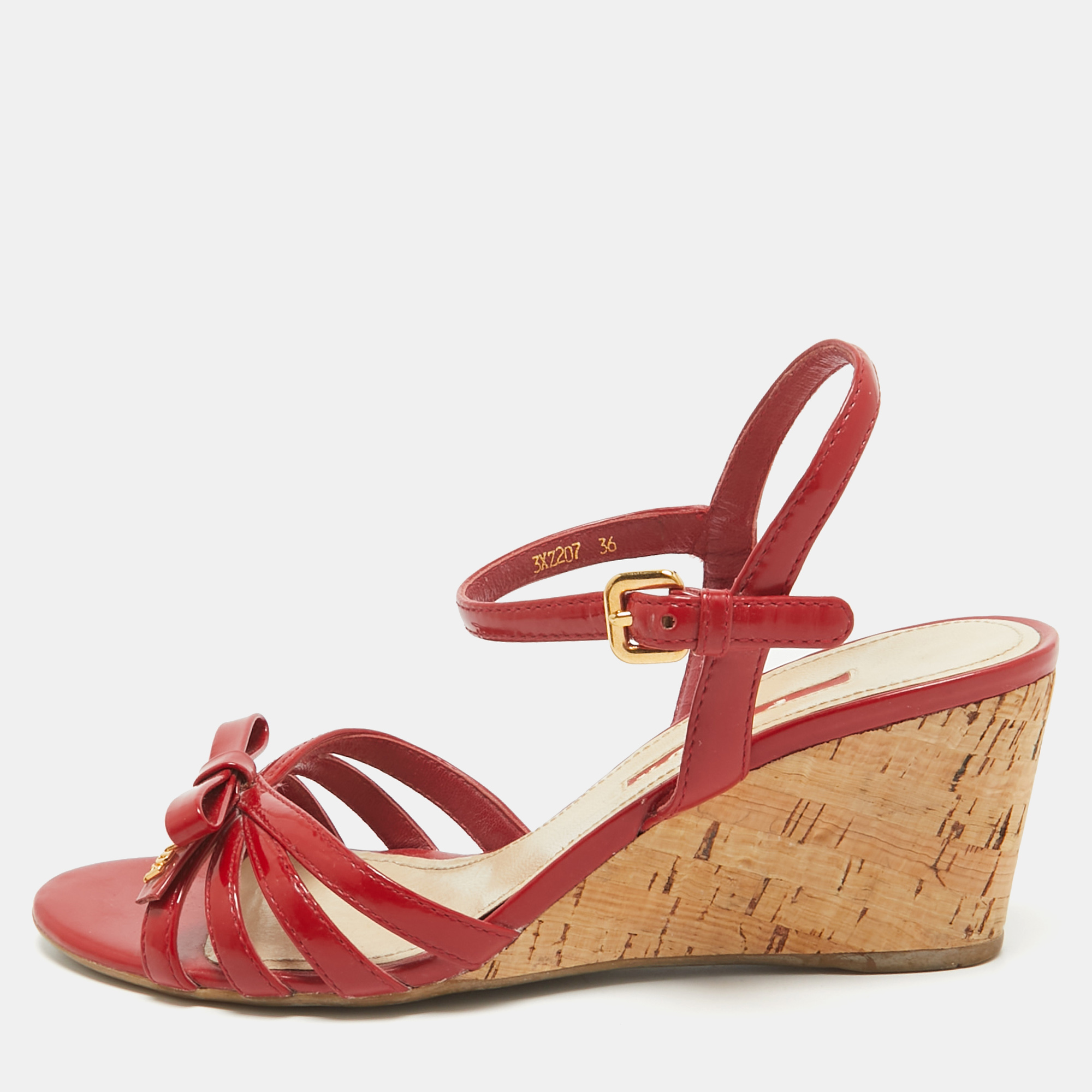 

Prada Sport Red Patent Leather Bow Cork Wedge Ankle Strap Sandals Size