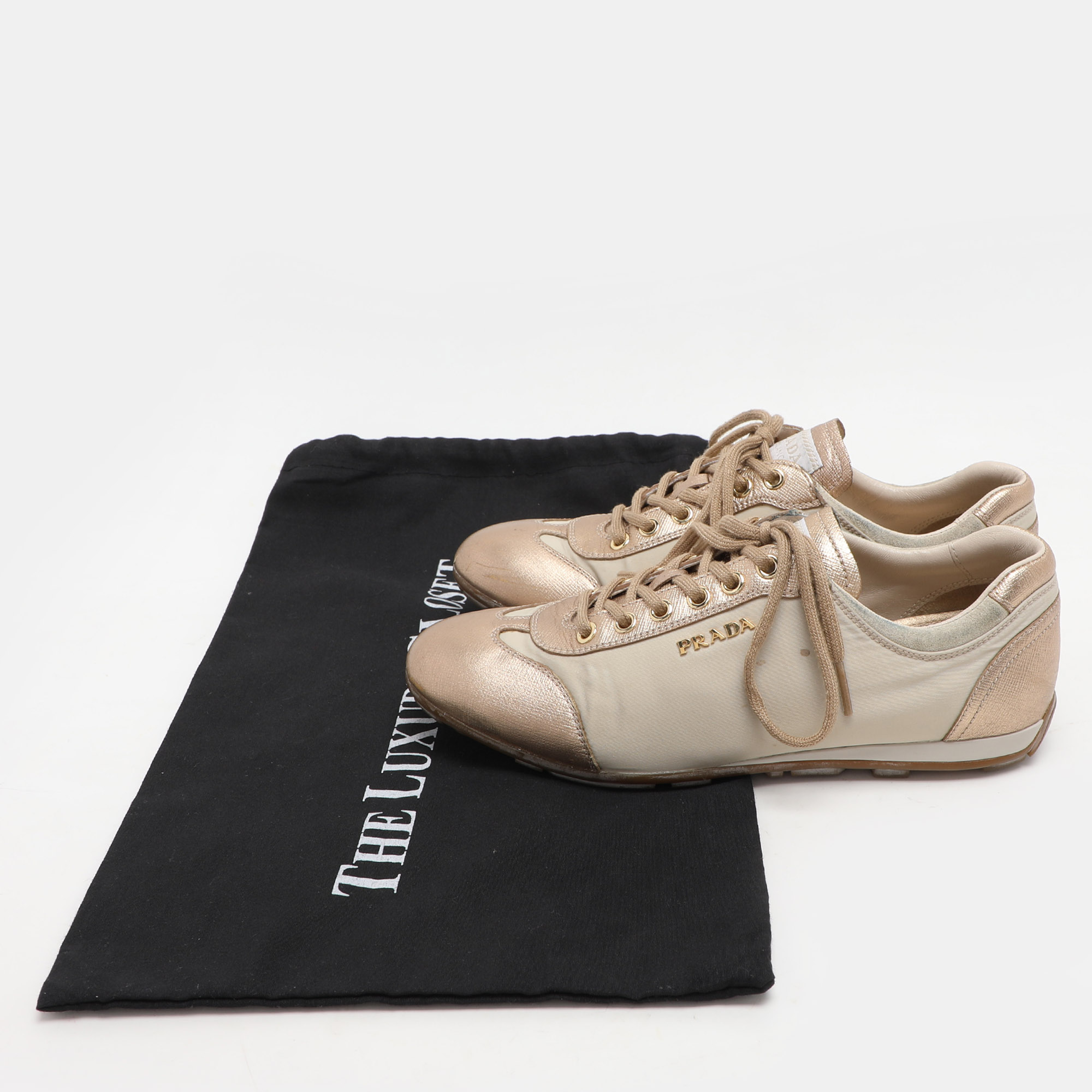 Prada Sport Beige/Gold Leather and Nylon Low Top Sneakers Size 36.5 