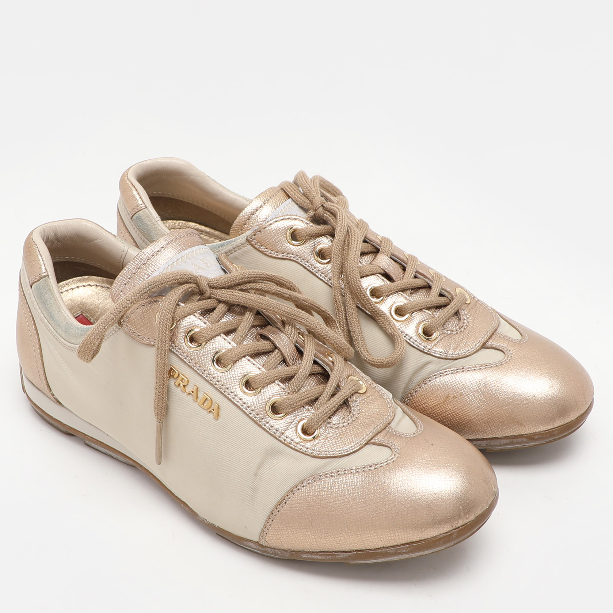 Prada Sport Beige/Gold Leather and Nylon Low Top Sneakers Size 36.5 