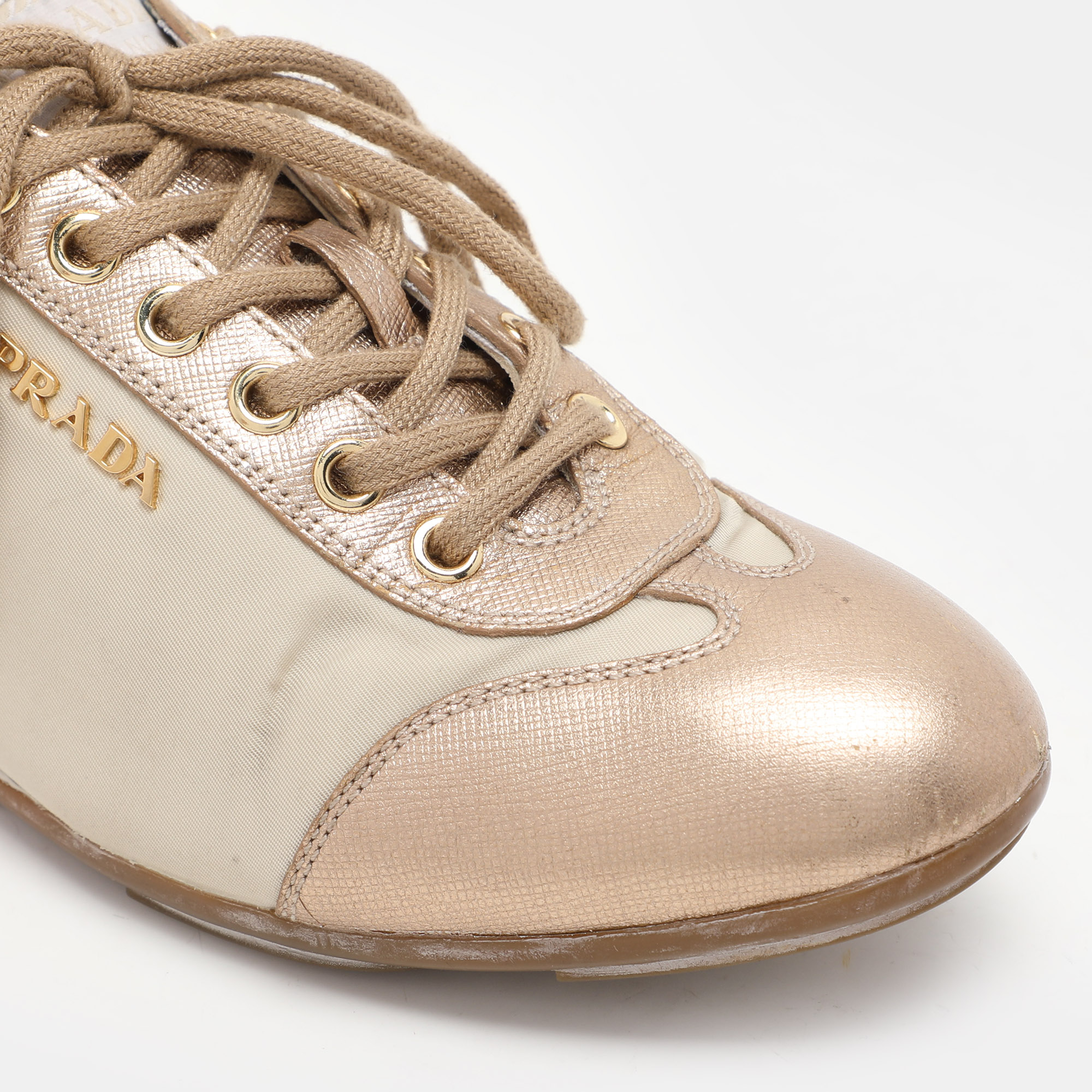 Prada Sport Beige/Gold Leather and Nylon Low Top Sneakers Size 36.5 