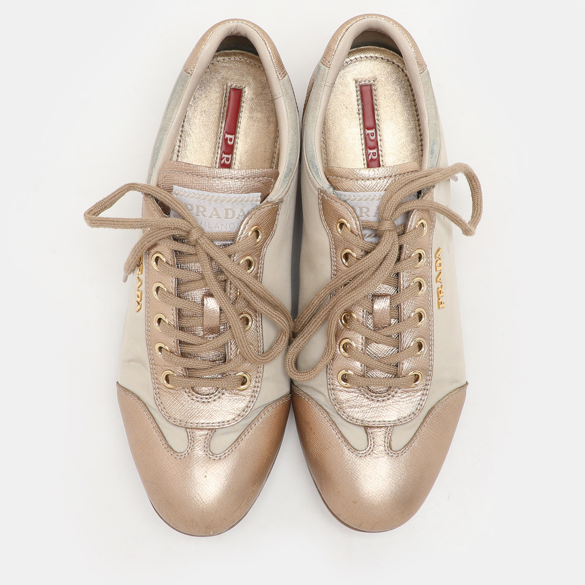 Prada Sport Beige/Gold Leather and Nylon Low Top Sneakers Size 36.5 