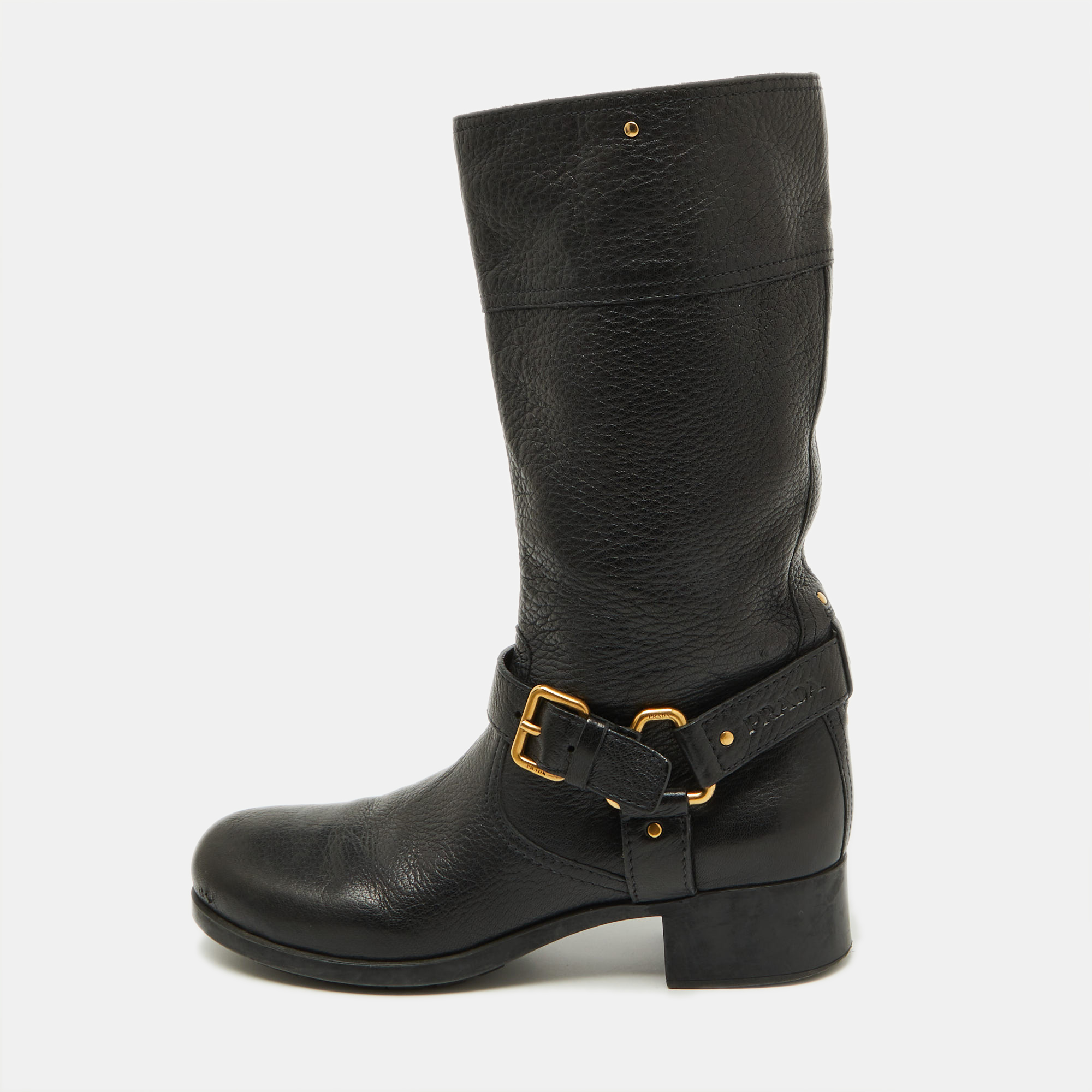 

Prada Sport Black Leather Buckle Detail Mid Calf Length Boots Size