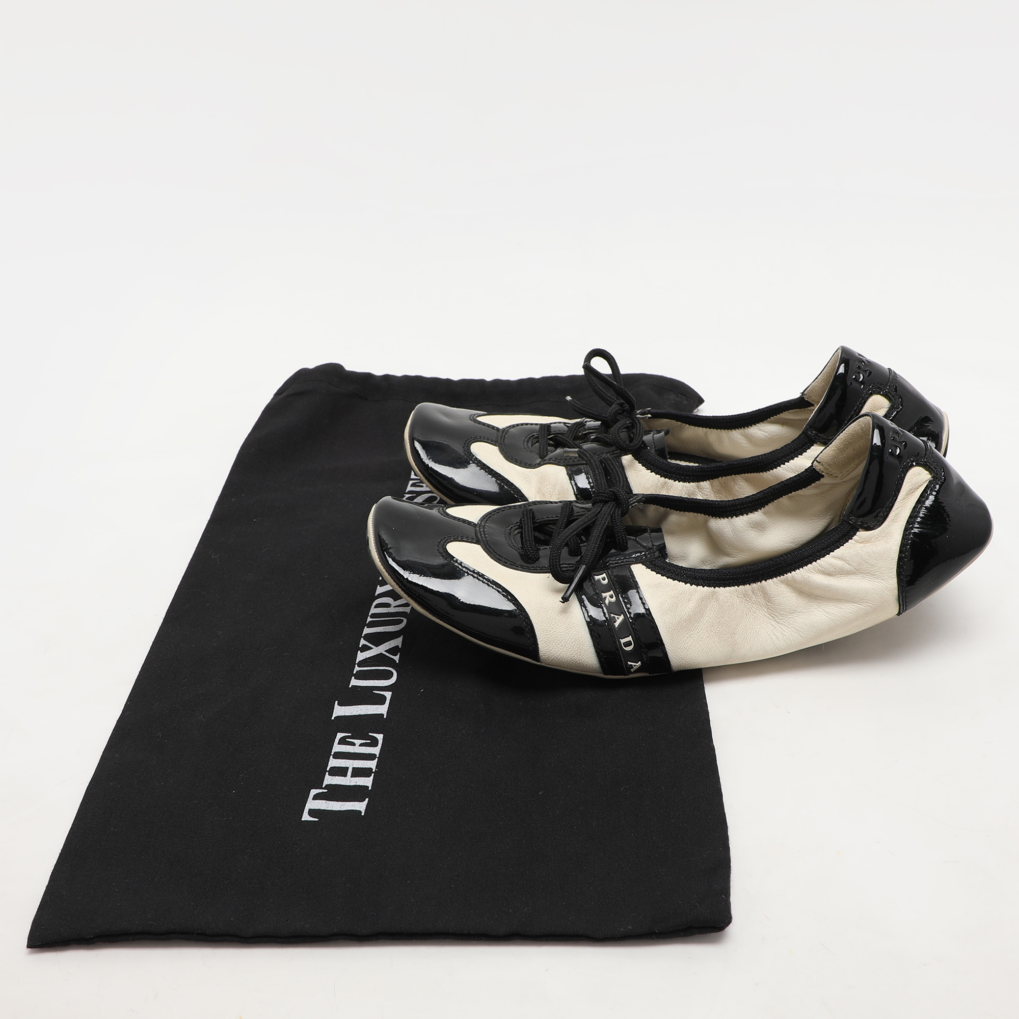 Prada Sport Black/Cream Patent and Leather Lace-up Scrunch Ballet Flats Size 39.5 