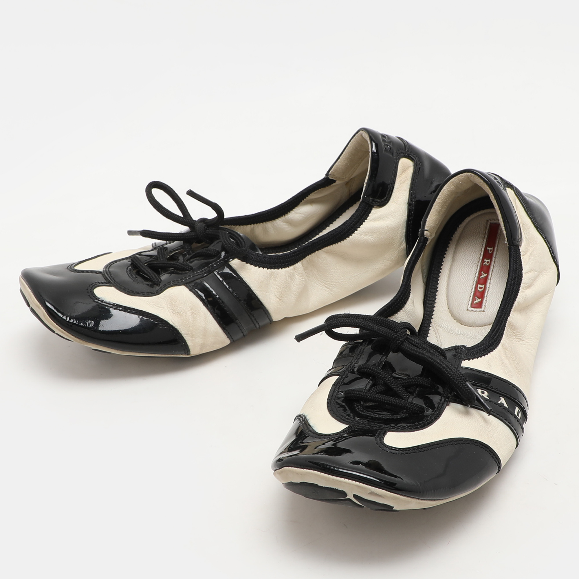 Prada Sport Black/Cream Patent and Leather Lace-up Scrunch Ballet Flats Size 39.5 