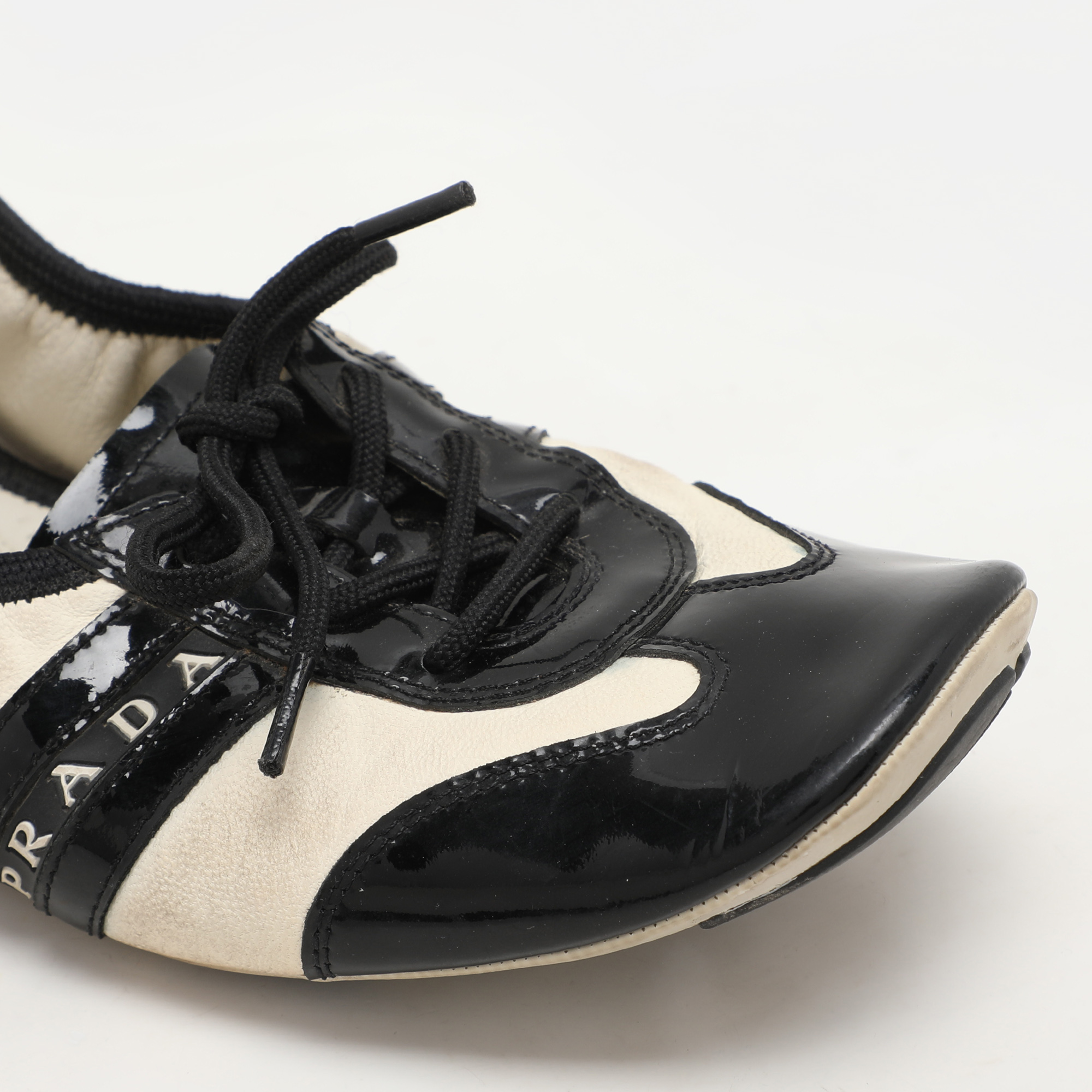 Prada Sport Black/Cream Patent and Leather Lace-up Scrunch Ballet Flats Size 39.5 