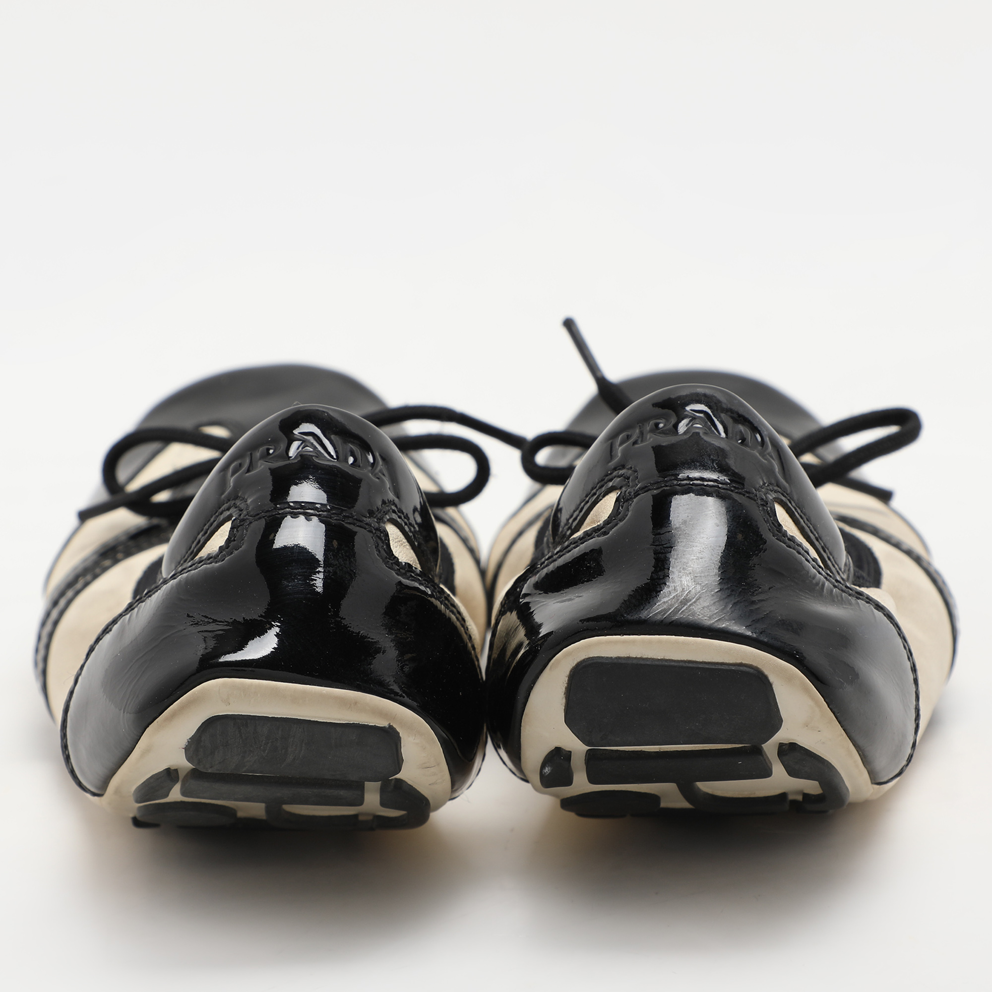 Prada Sport Black/Cream Patent and Leather Lace-up Scrunch Ballet Flats Size 39.5 