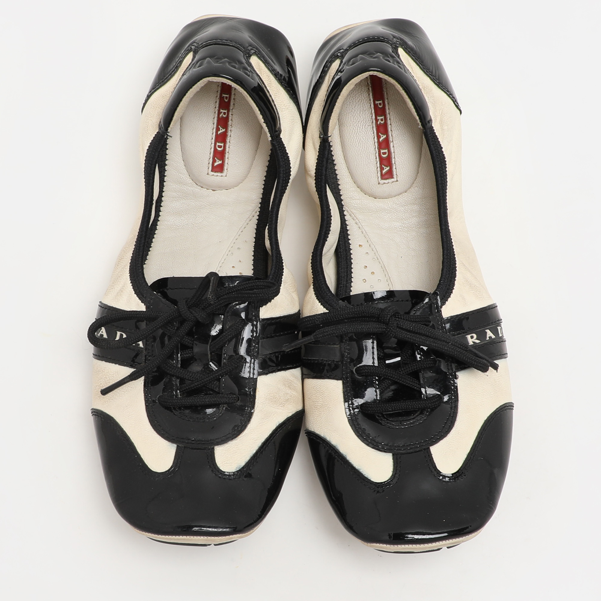 Prada Sport Black/Cream Patent and Leather Lace-up Scrunch Ballet Flats Size 39.5 