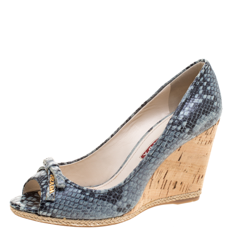 Pre Owned Prada Sport Embossed Python Leather Peep Toe Wedge Espadrille Sandals Size 35