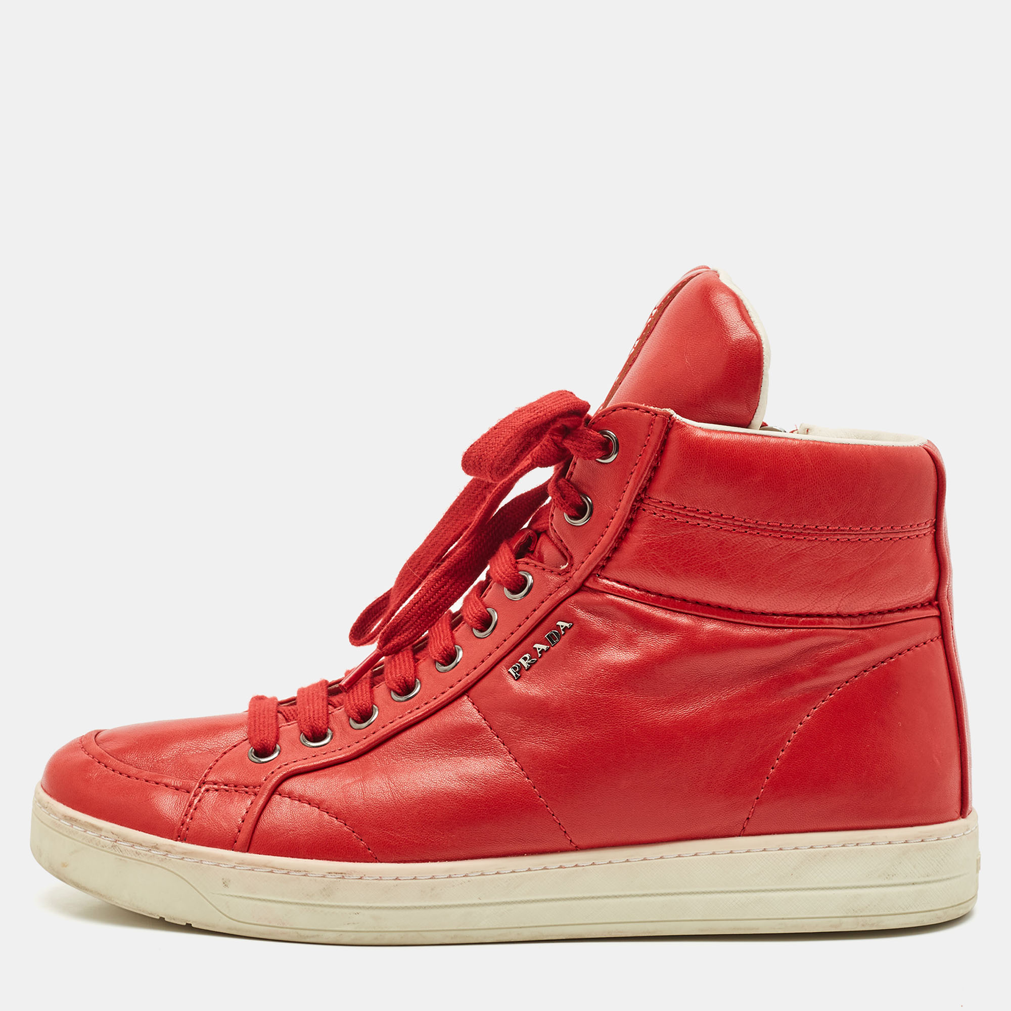 

Prada Sport Red Leather High Top Sneakers Size