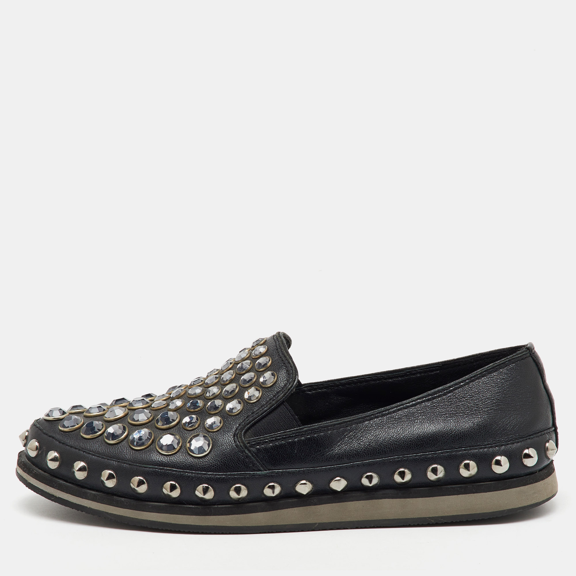 

Prada Sport Black Leather Crystal Studded Slip On Loafers Size