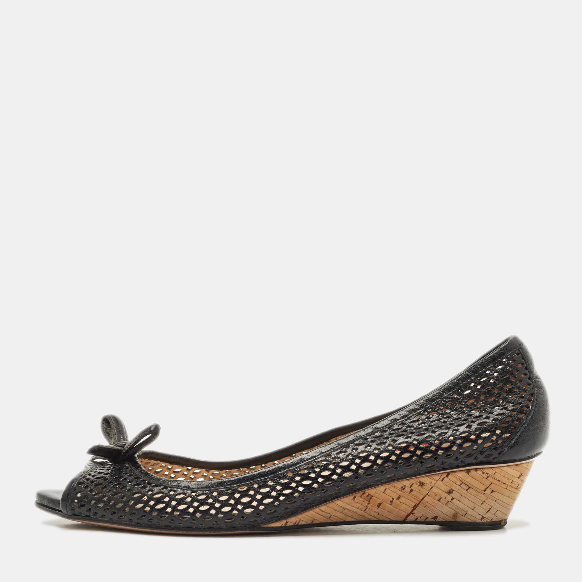 

Prada Sport Black Patent Leather Peep Toe Cork Wedge Pumps Size