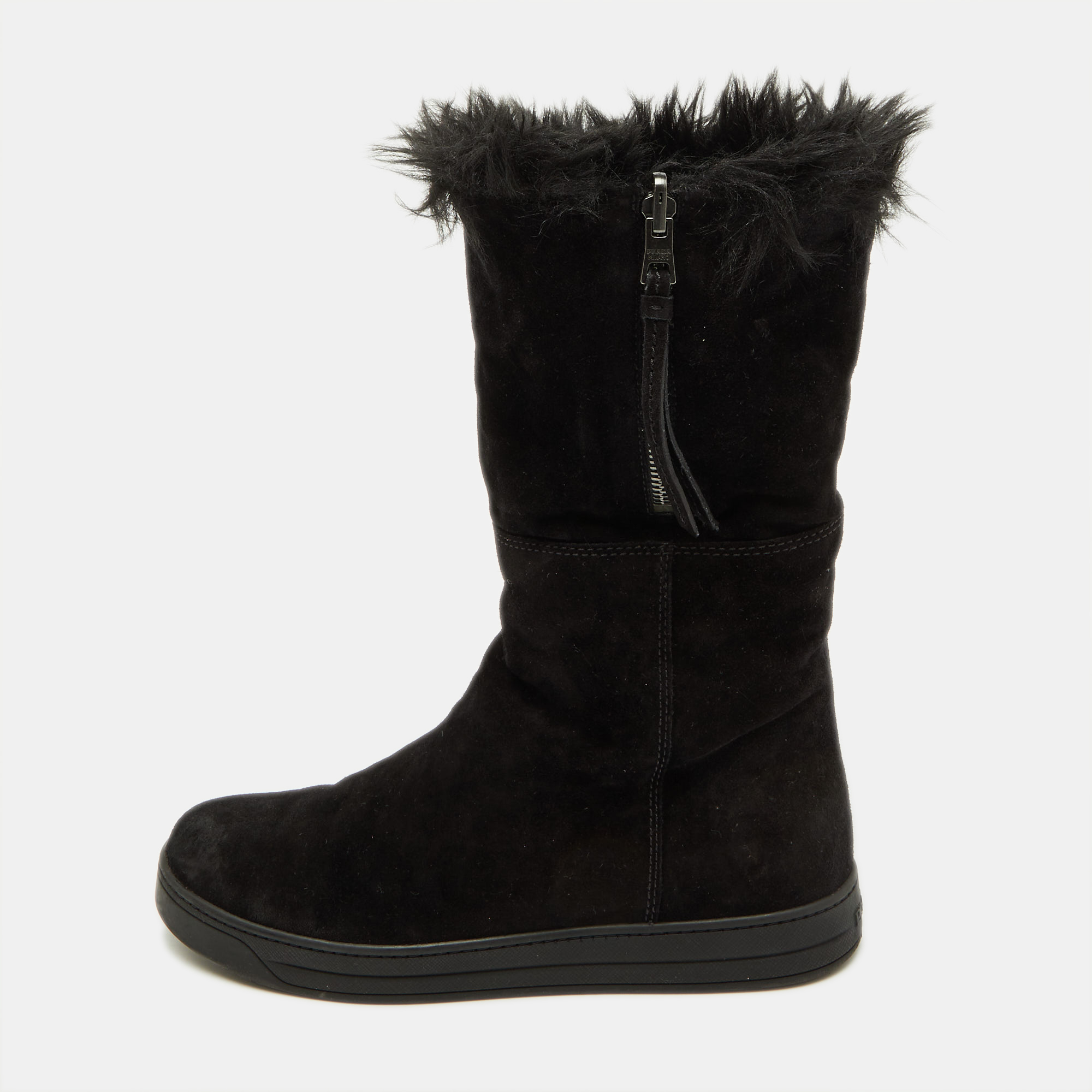 Pre-owned Prada Black Suede And Faux Fur Trim Ankle Length Boots Size 38