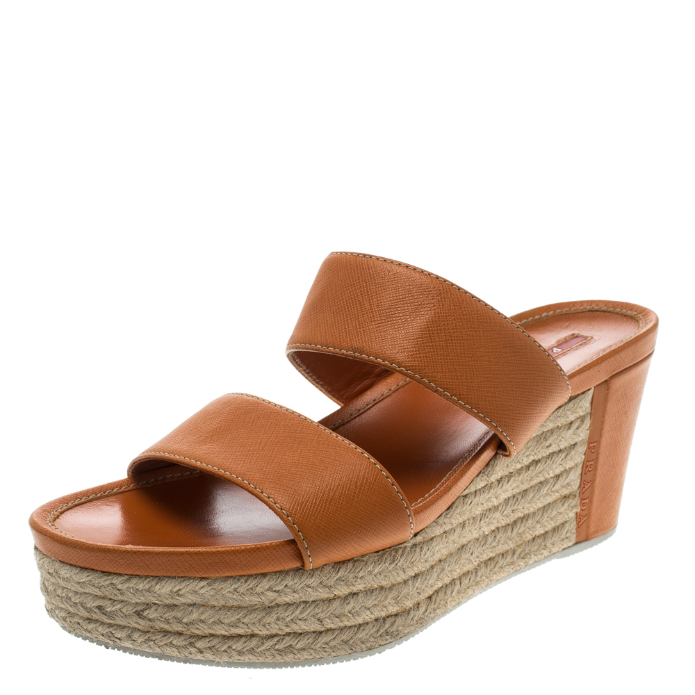 Pre Owned Prada Orange Saffiano Leather Wedge Espadrille Sandals Size 40.5