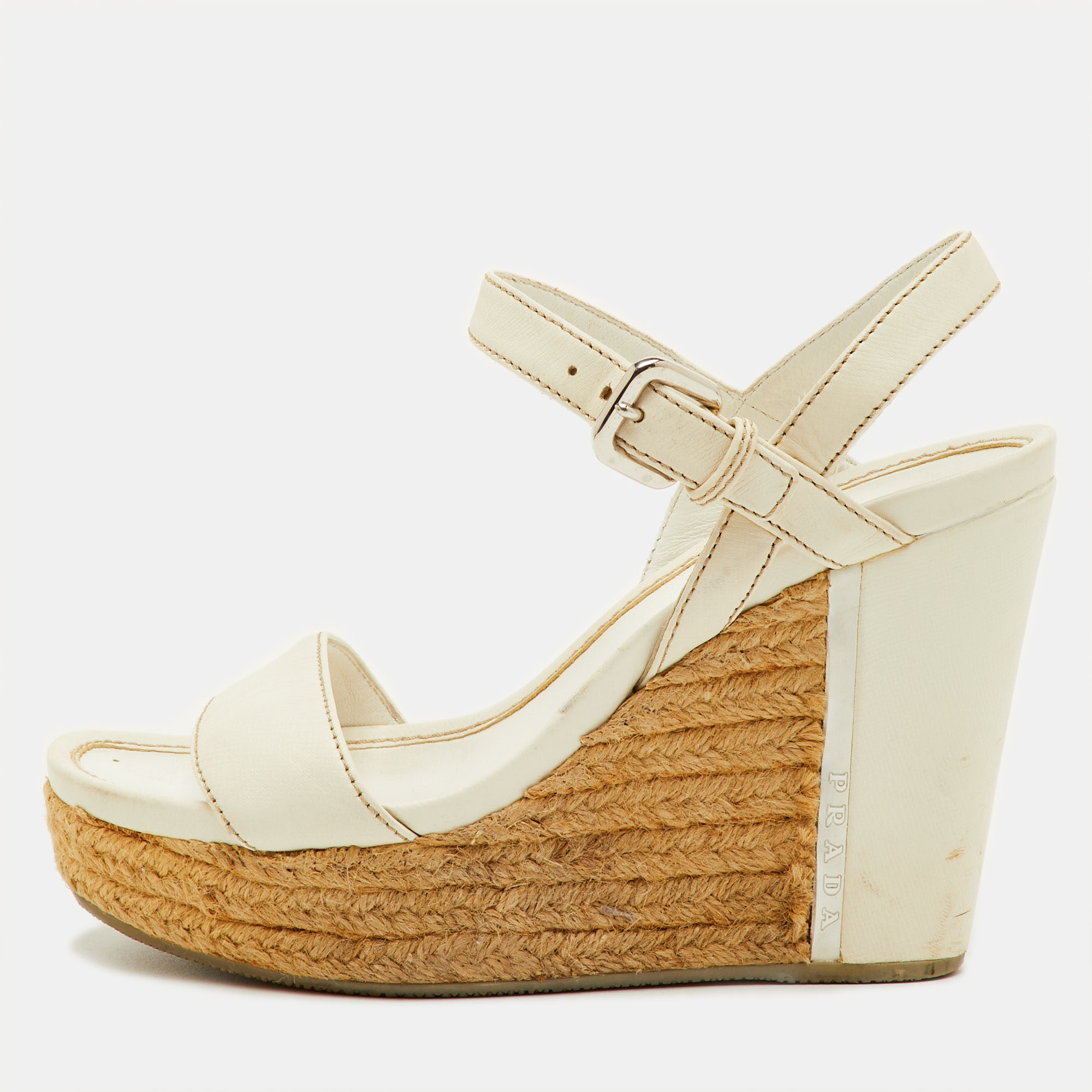 

Prada Sport Size  White Leather Ankle Strap Platform Wedge Sandals