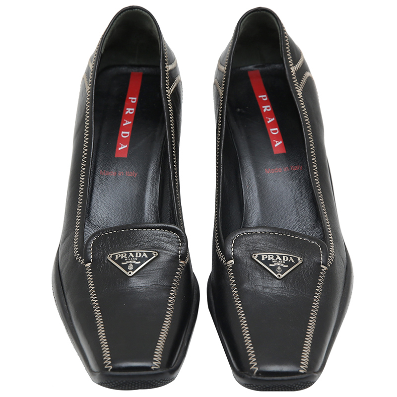 Pre Owned Prada Sport Black Leather Block Heel Pumps Size 38.5