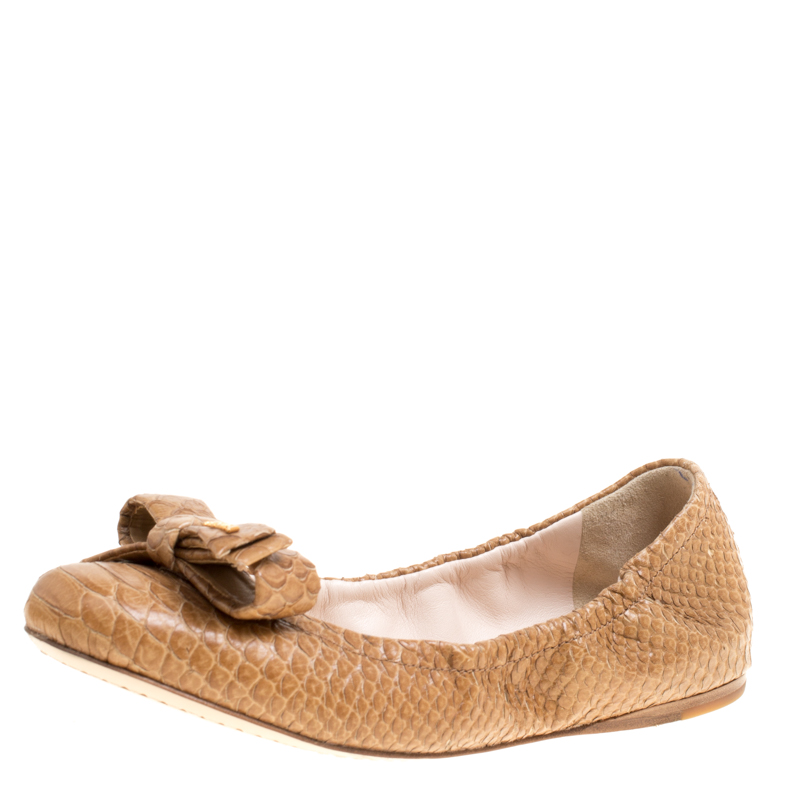 Prada Sport Beige Python Leather Scrunch Bow Ballet Flats Size 36.5