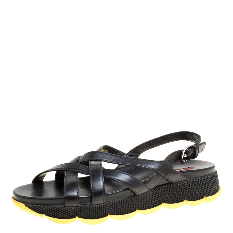 Prada Sport Black Leather Cross Strap Flat Sandals Size 39.5