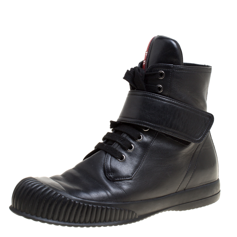 Pre Owned Prada Sport Black Leather Lace Up High Top Sneakers Size 39