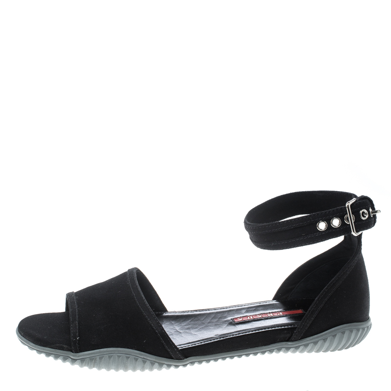 

Prada Sport Black Canvas Donna Gabardine Ankle Strap Sandals Size