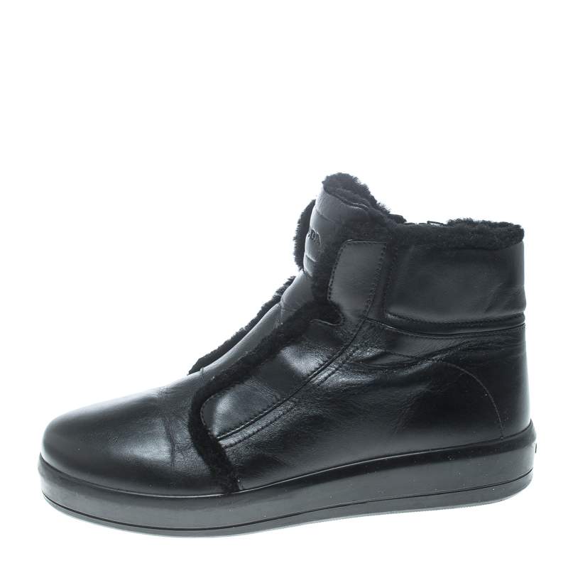 

Prada Sport Black Leather Fur Lined Ankle Boots Size
