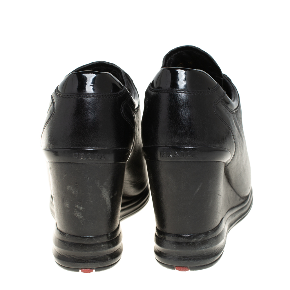 Pre-owned Prada Black Leather Wedge Sneakers Size 39 | ModeSens