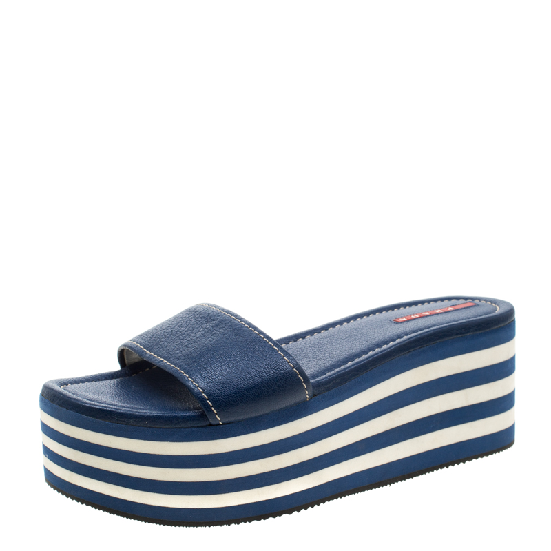 Pre Owned Prada Sport Blue Leather Flat Sandals Size 37