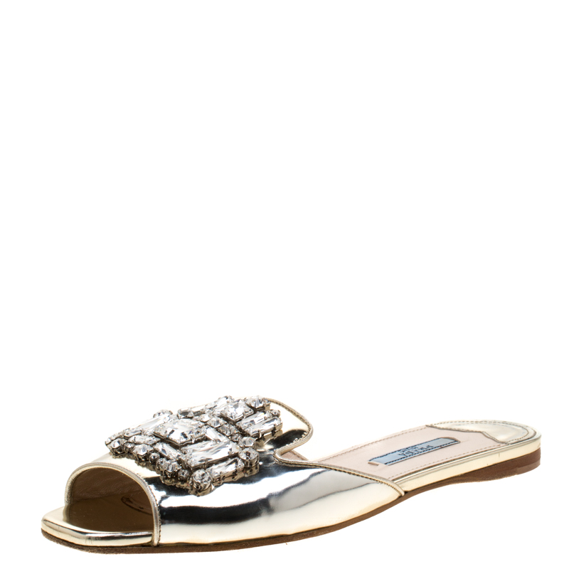 Prada Metallic Silver Leather Crystal Embellished Flat Slides 37.5