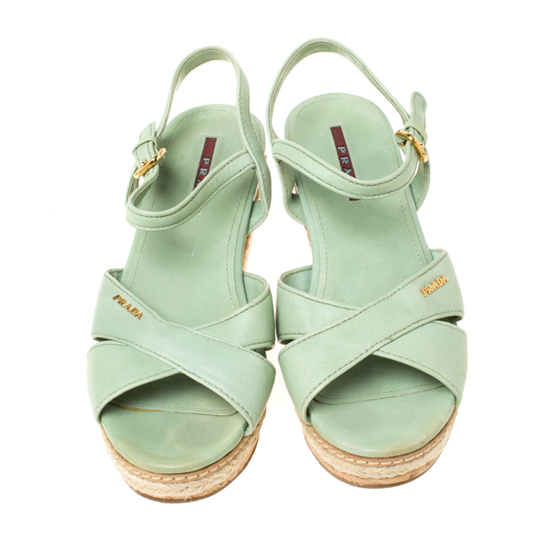 Pre-owned Prada Green Leather Ankle Strap Platform Espadrille Sandals Size 36