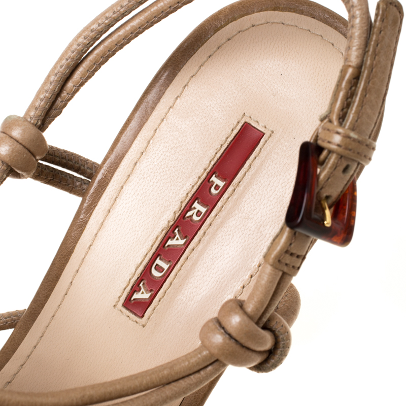 Pre-owned Prada Beige Leather Strappy Cork Wedge Espadrille Platform Sandals Size 37.5