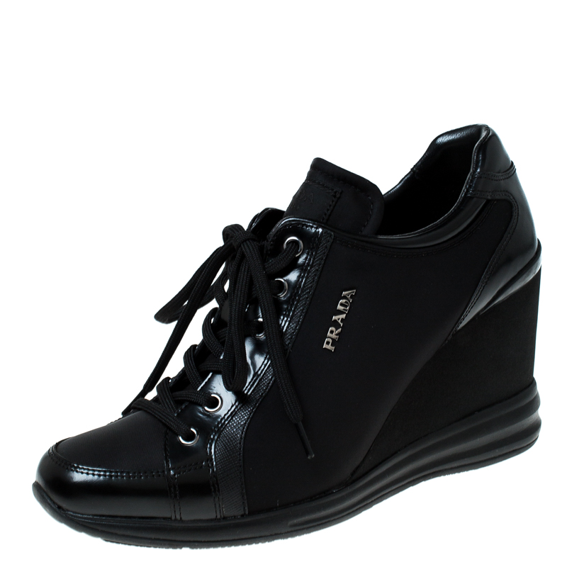 Pre Owned Prada Sport Black Nylon and Leather Wedge Sneakers Size 39