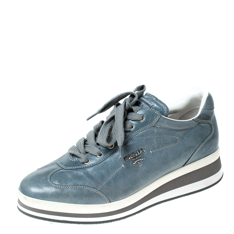 Pre Owned Prada Sport Grey Leather Lace Up Sneakers Size 40