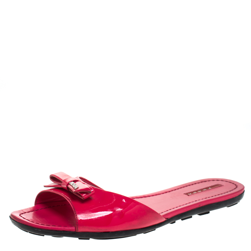 Pre Owned Prada Red Patent Leather Bow Flat Slides Size 41