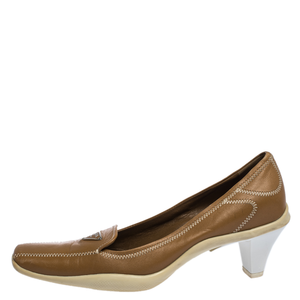 

Prada Sport Brown Embroidered Leather Loafers Pumps Size